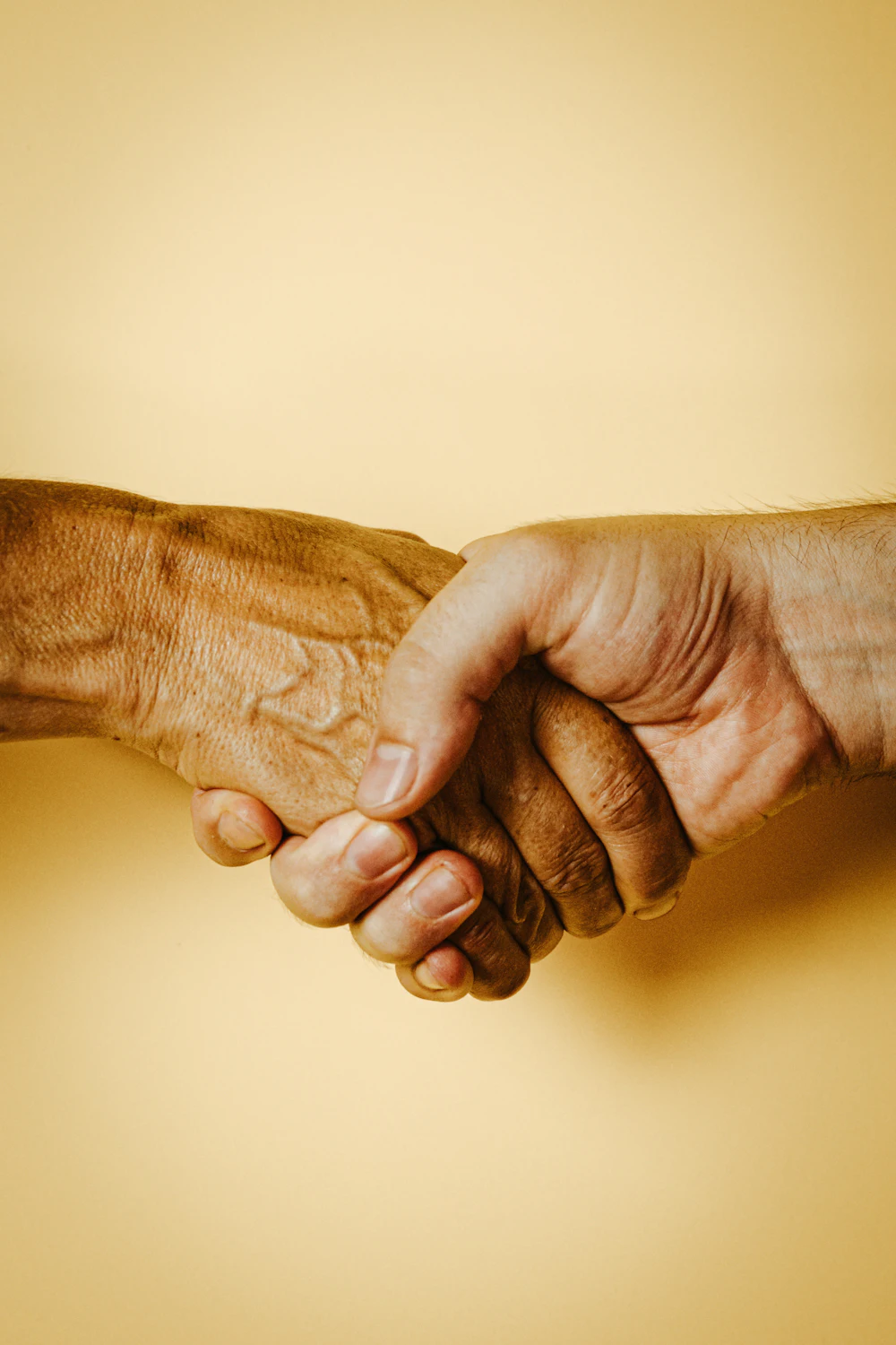 Two hands shaking against a warm, plain background